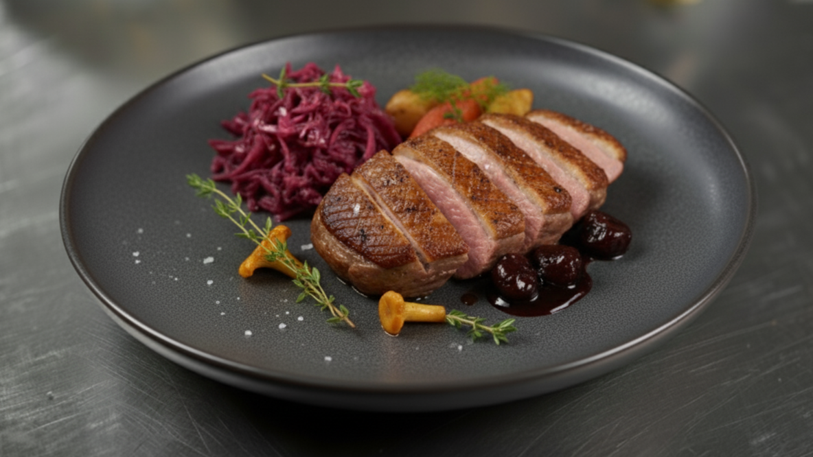 Gebratene Entenbrust mit Rotkohl und ofengebackenem Wurzelgemüse