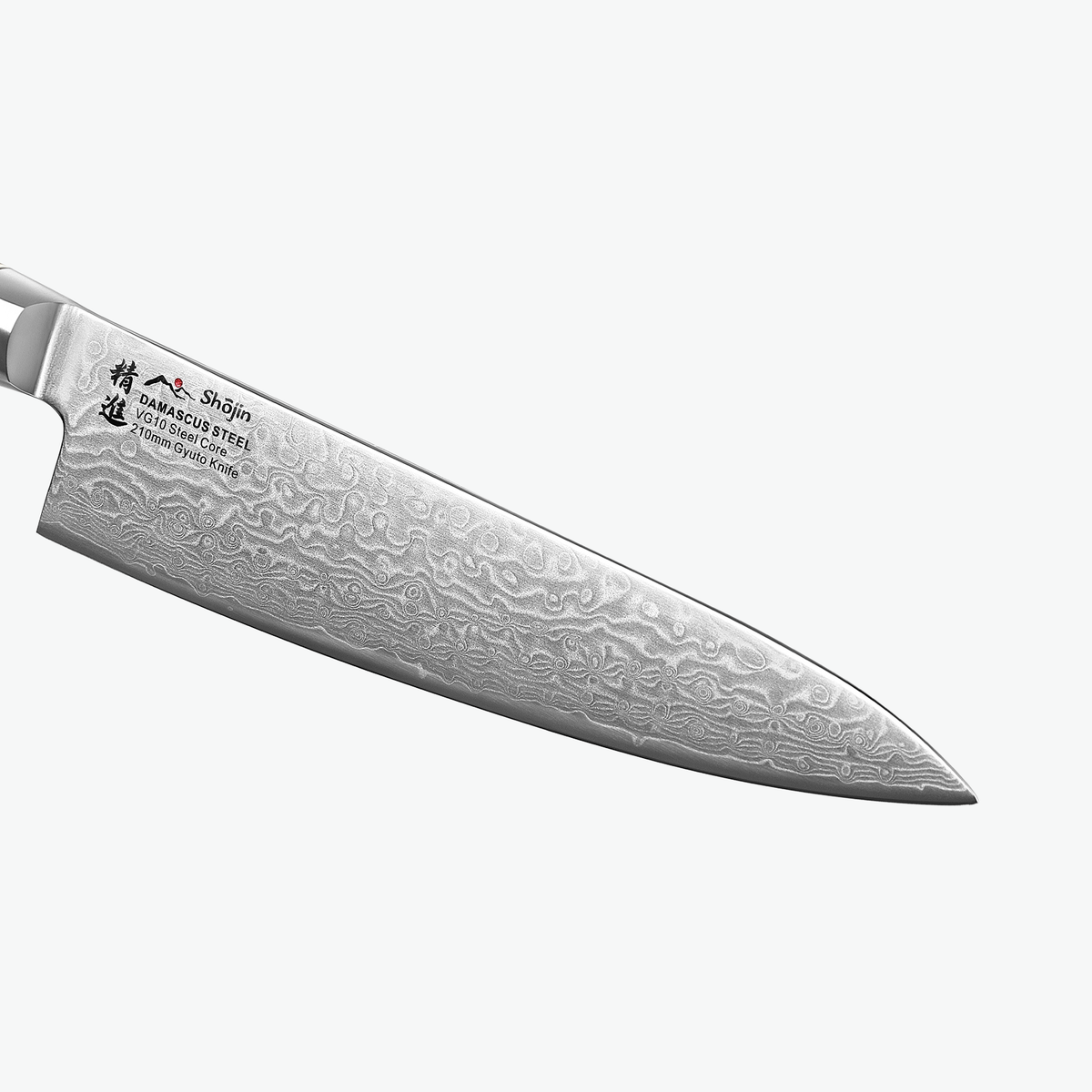 Damastmuster auf der Klinge des Shōjin Kaku Gyuto, Nahaufnahme
