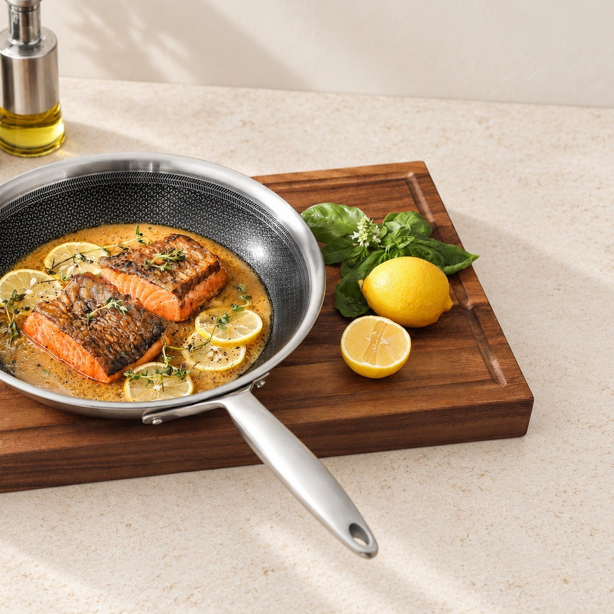 Lachs mit Zitrone in der Bratpfanne 3-ply Hybrid auf einem Schneidebrett