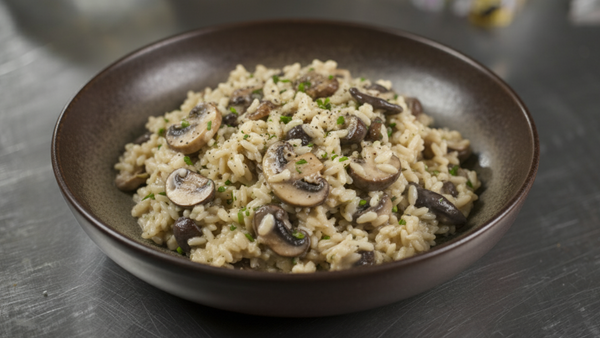 Schwarzer Knoblauch-Risotto mit gegrillten Pilzen und Bärlauchöl