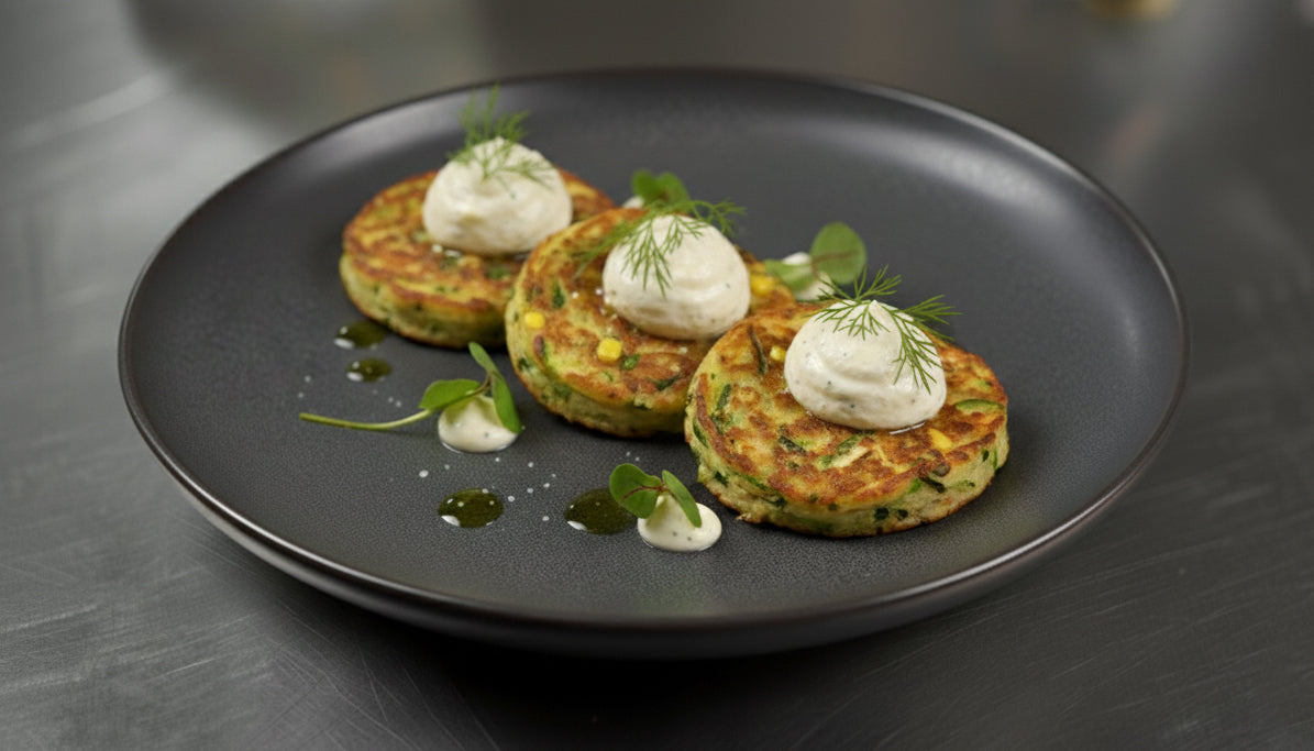 Knusprige Gemüseblinis mit säuerlichem Sauerampfer und Räucherkäsecreme
