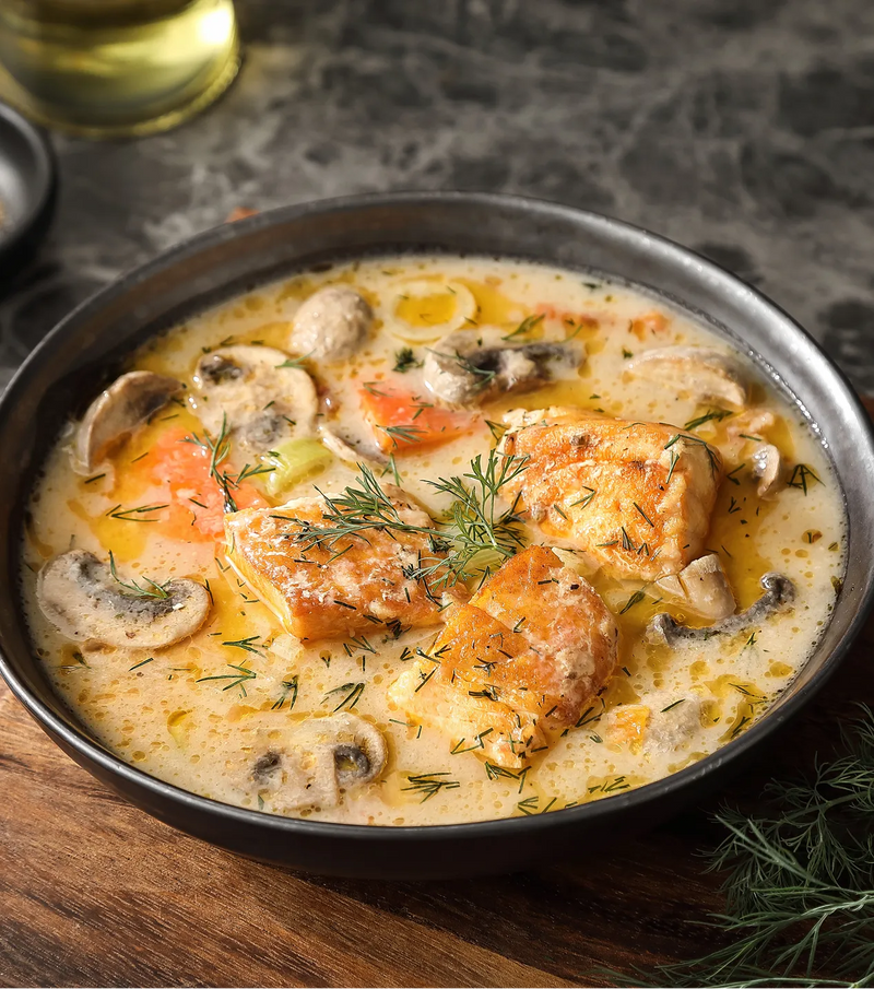 Lachs- und Pilzcremesuppe
