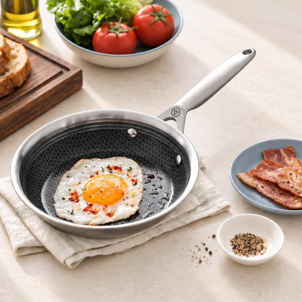 Spiegelei in einer Bratpfanne aus 3-Ply Hybrid, dazu Speck und Brot, auf hellem Stein