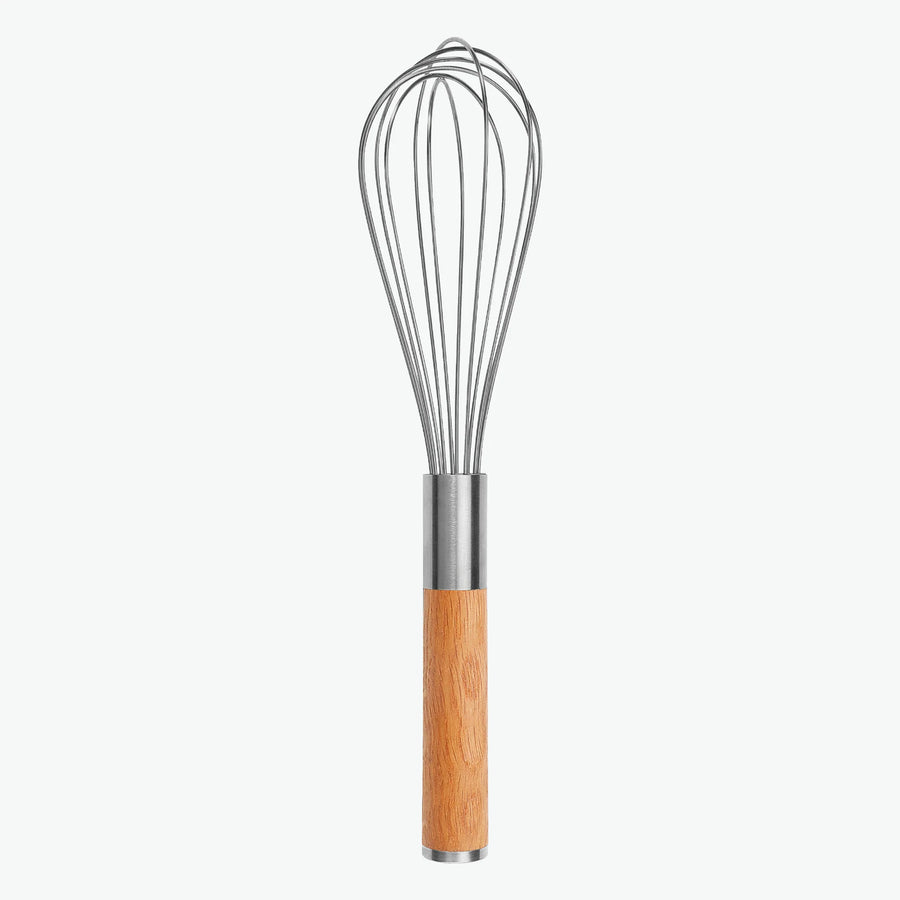 25 cm langer Schneebesen aus Edelstahl mit Griff aus Eiche, von vorn