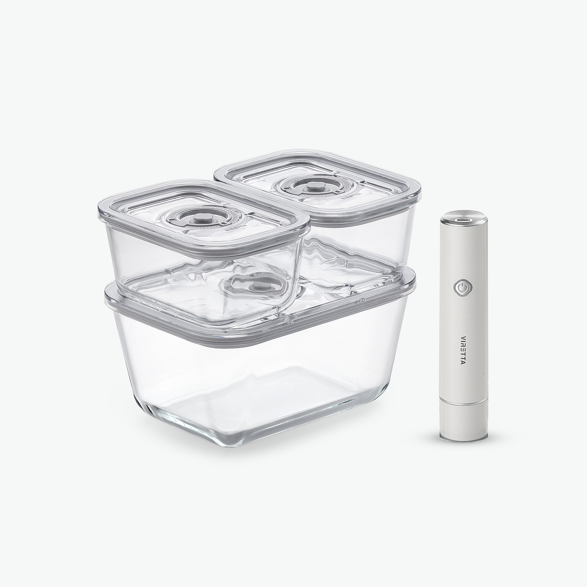 Großes Starterset mit Vakuumbehältern aus Glas und der elektrischen Vakuumpumpe, schräg von vorn