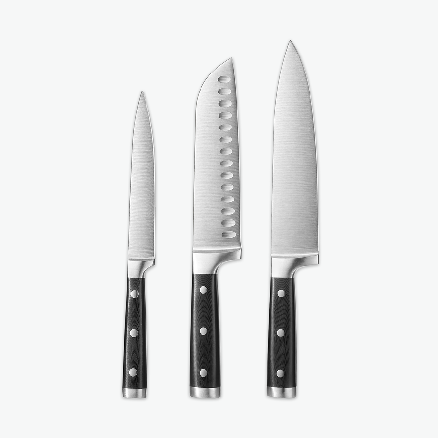 Classic Messerset – Trio: Universalmesser, Santokumesser und Kochmesser nebeneinander