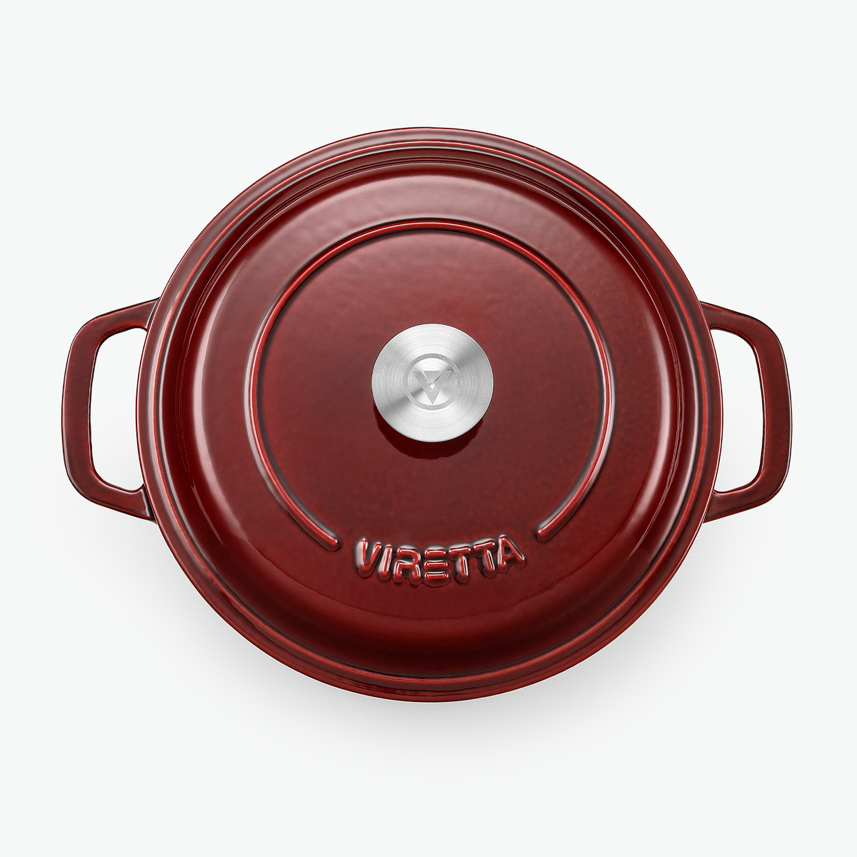 Deckel des Gusseisentopfs in Johannisbeerrot mit Edelstahlknauf und geprägtem Logo, von oben