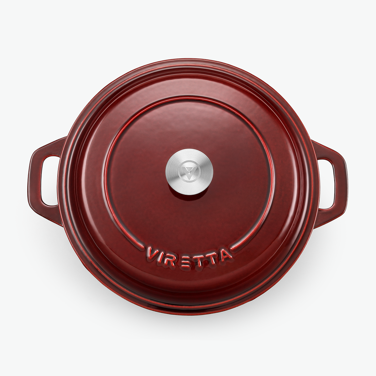 Deckel des Gusseisentopfs in Johannisbeerrot mit Edelstahlknauf und geprägtem Logo, von oben