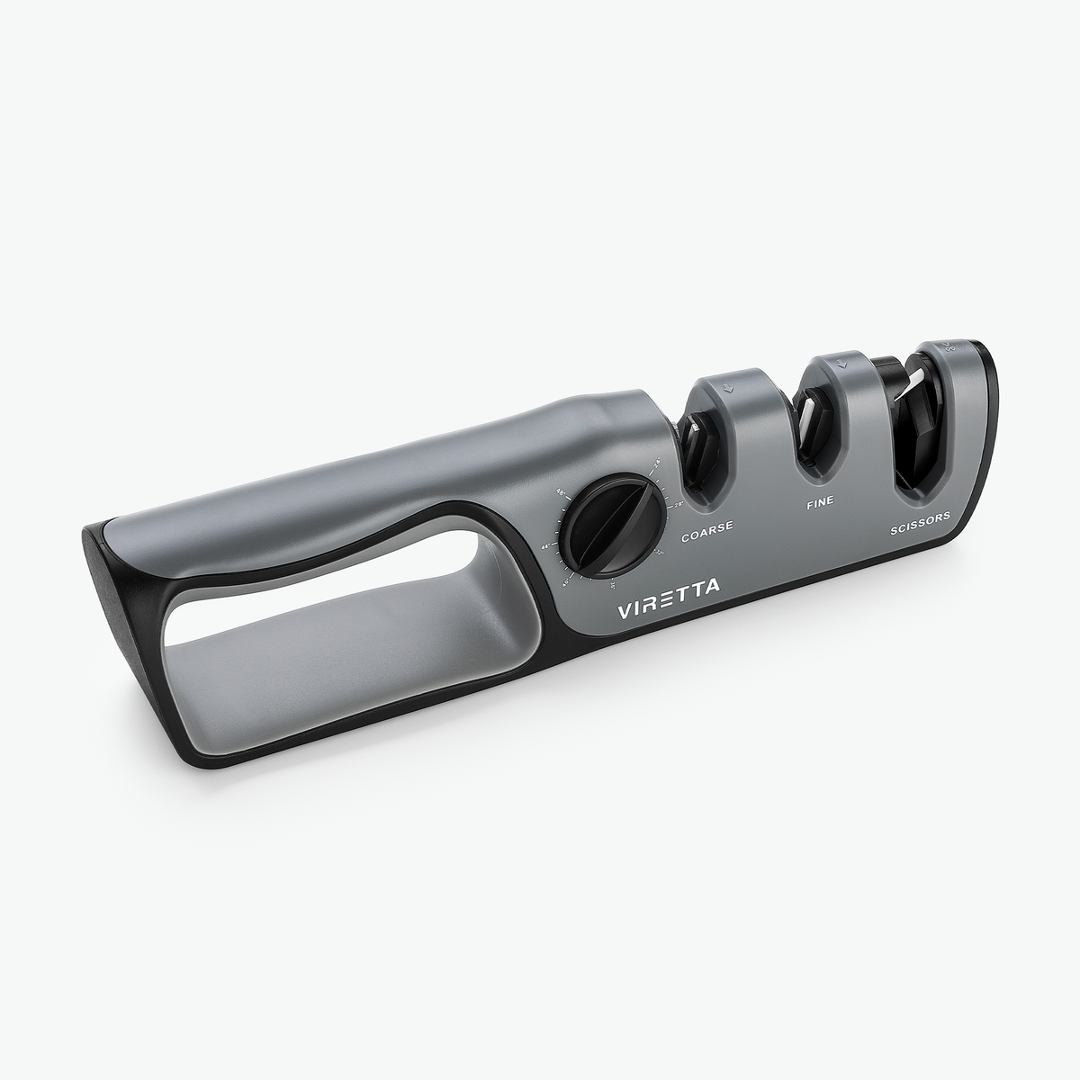 Manueller Messerschärfer in Grau, schräg von vorn
