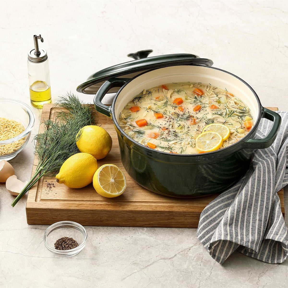 Moosgrüner Gusseisentopf mit Hühnersuppe, Zitrone und Dill, Deckel schräg aufgelegt, auf einem Schneidebrett #Farbe_Moosgrün