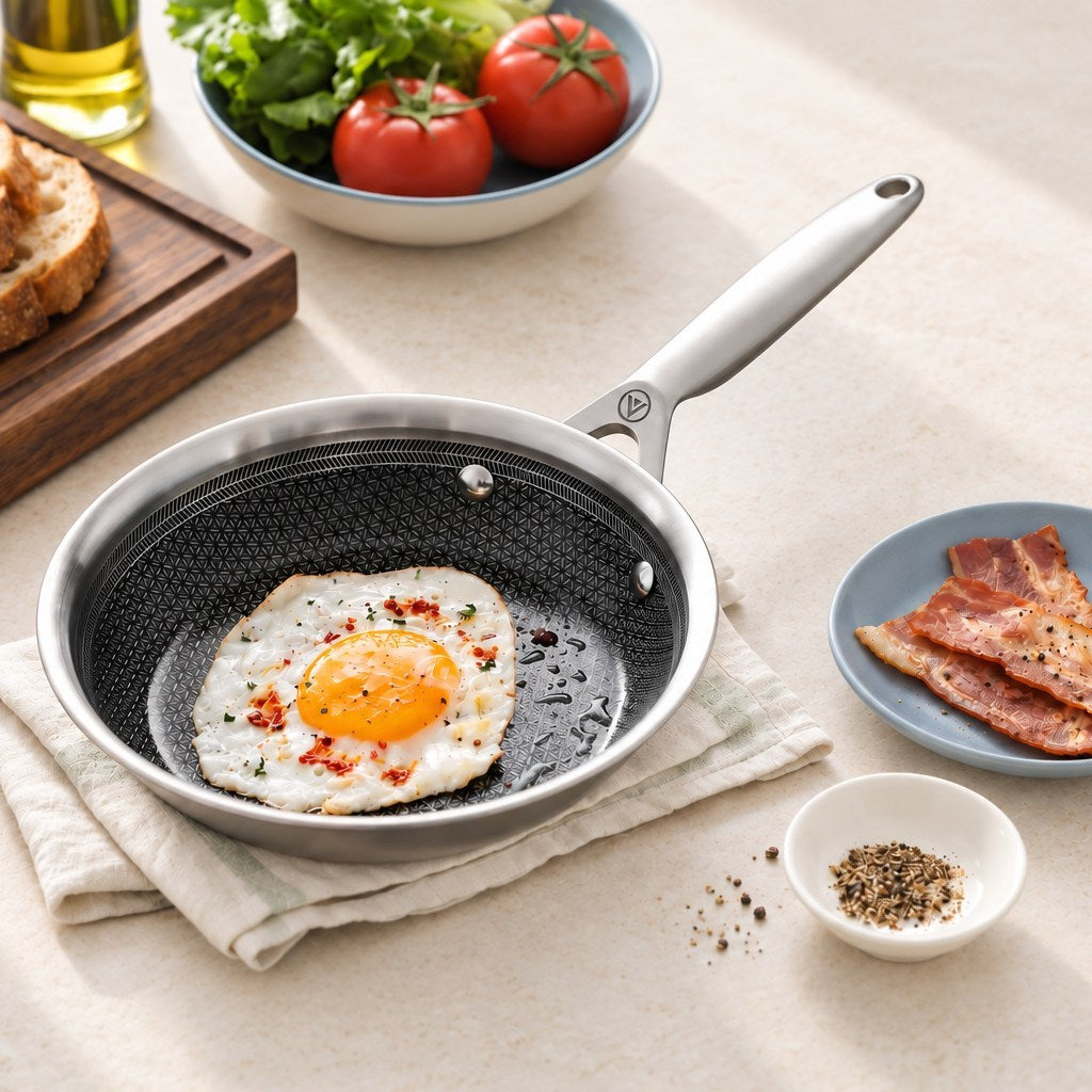 Spiegelei in der Bratpfanne 3-ply Hybrid mit Speck und Brot auf hellem Stein
