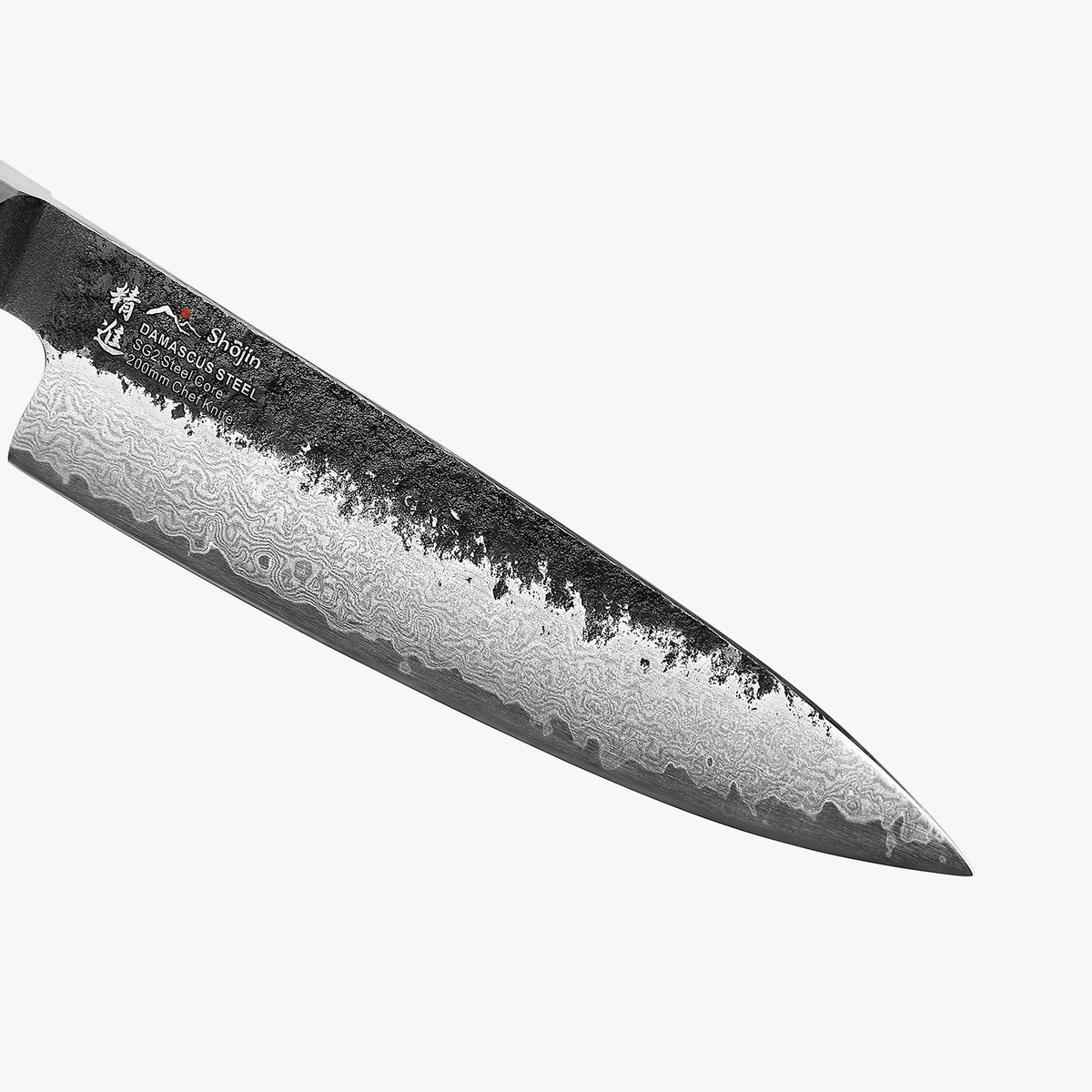 Dunkler Klingenrücken und Damastmuster am Shōjin Kashi Kochmesser, Nahaufnahme