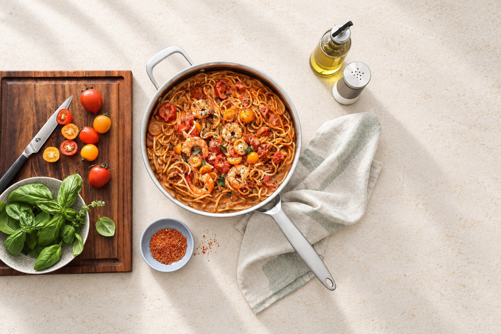 Sautierpfanne aus 3-Ply Hybrid mit Spaghetti, Garnelen und Tomate auf hellem Stein